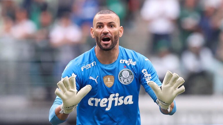 O goleiro Weverton, da SE Palmeiras, em jogo contra a equipe do Fluminense FC, durante partida válida pela quinta rodada, do Campeonato Brasileiro, Série A, na arena Allianz Parque.